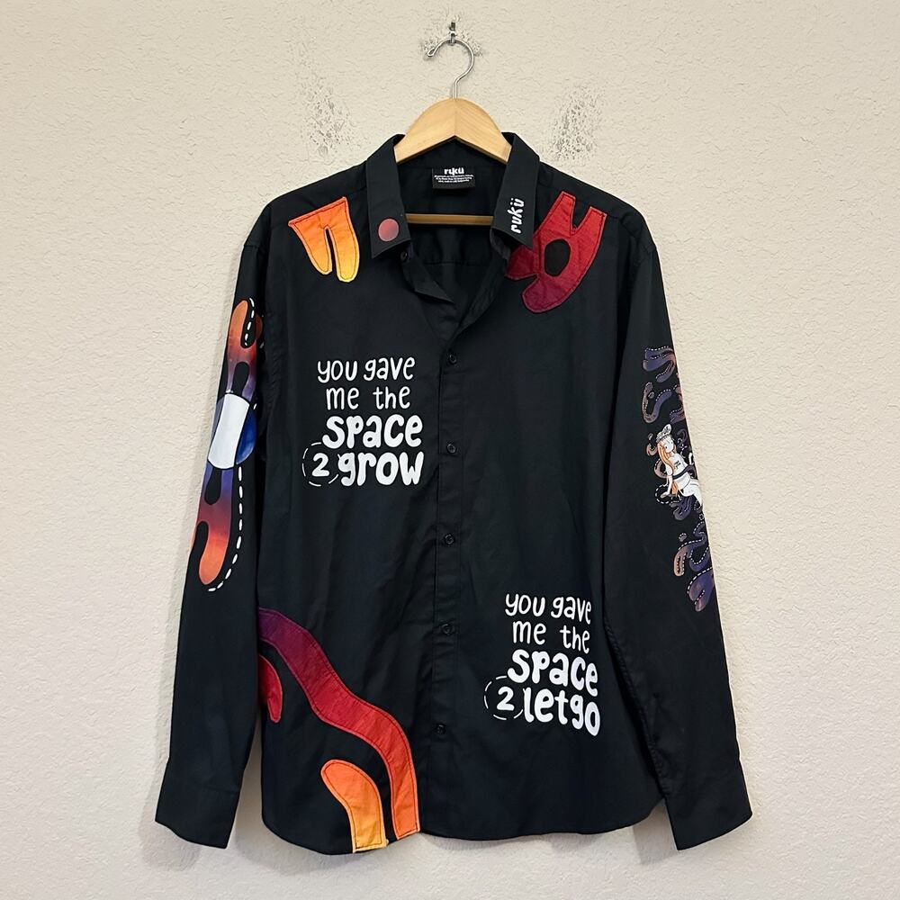RUKU Customs Spaces2Grow Shirt Black Graphic Print Button Up LE 21